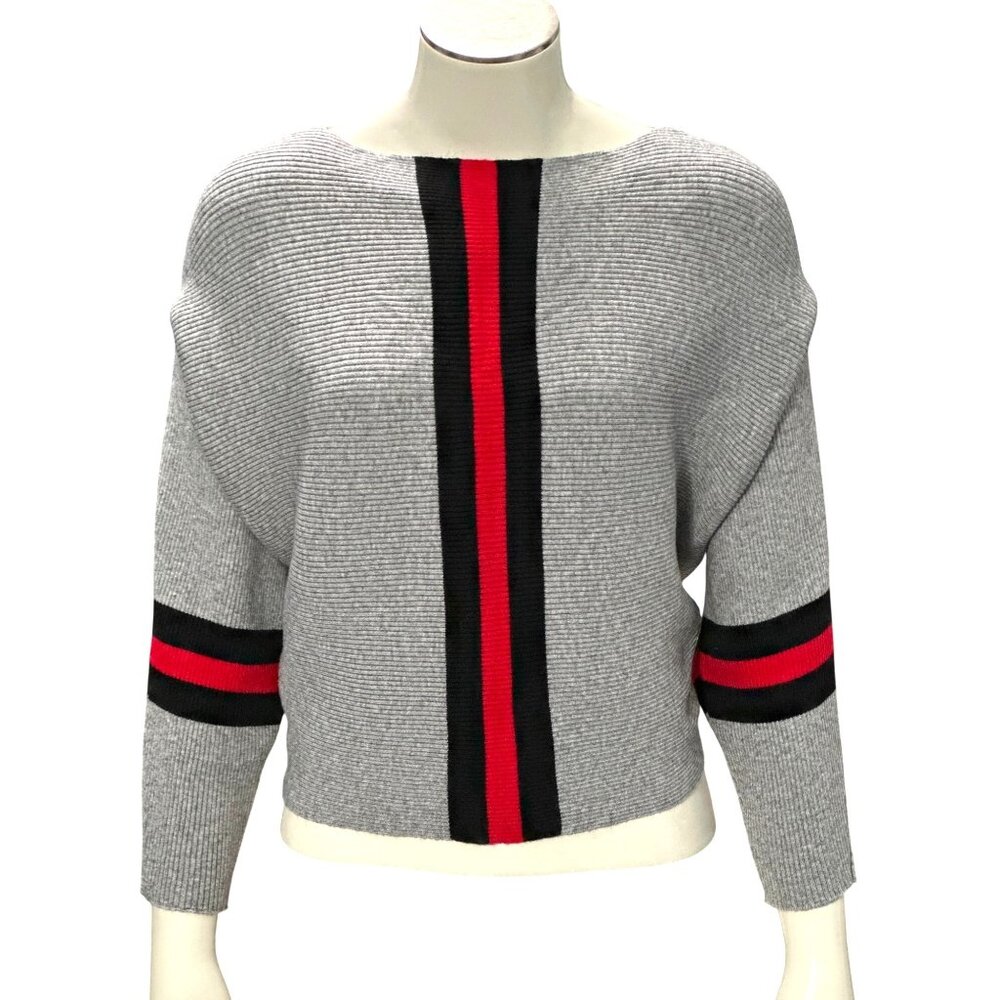 CCC Gray Batwing Crop Top Sweater Red Black Stripes Chic Style Comfortable Versa